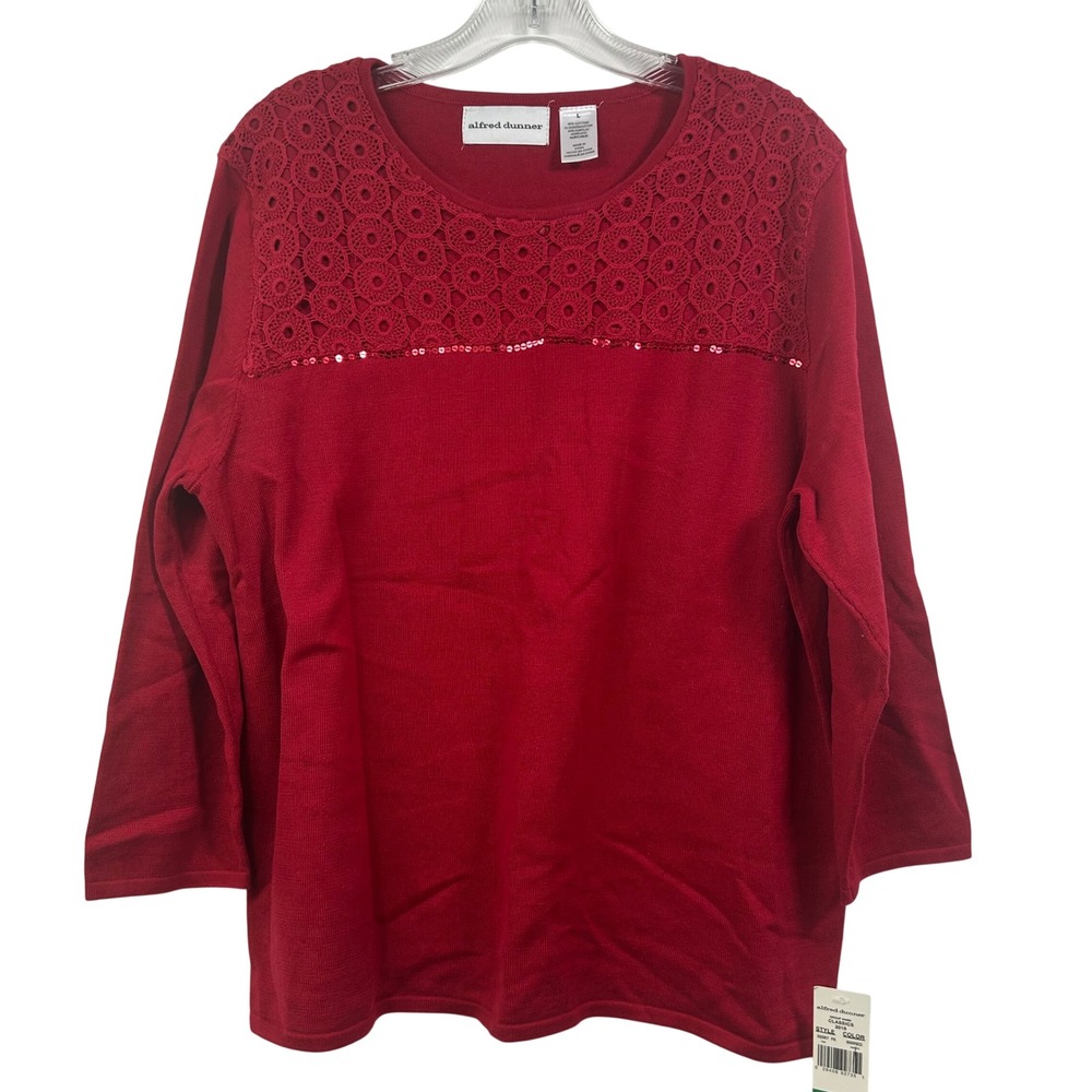 Alfred Dunner Red Crochet Lace Sequin Knit Sweater Top 02567 F6 Womens L